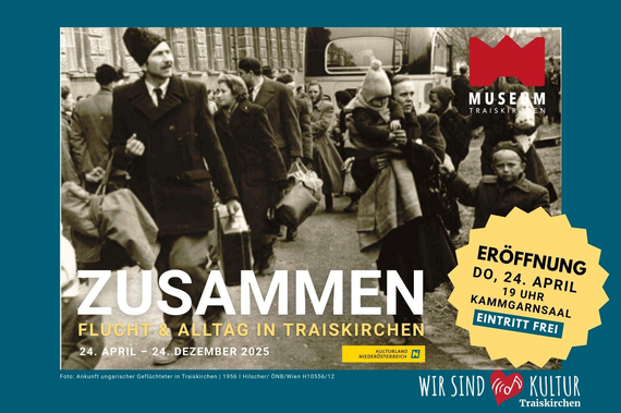 Grafik zur Eröffnung der Ausstellung "Zusammen - Flucht & Alltag in Traiskirchen"