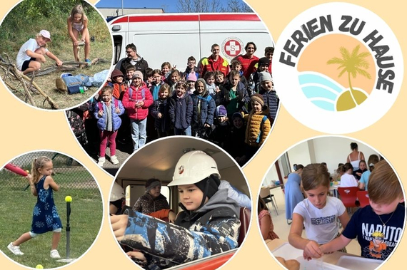 Kinder bei verschiedenen Aktivitäten, die "Ferien zu Hause" anbietet.