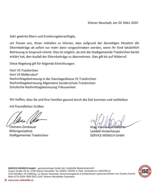 Brief zur Kostenübernahme für die Kinder der VS Traiskirchen, VS Möllersdorf, der Allgemeinden Sonderschule und der Nachmittagsbetreuung in der VS Tribuswinkel.
