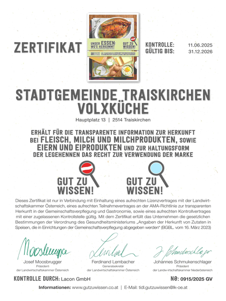 Zertifikat "Gut zu wissen" für Volxküche Traiskirchen gültig von 11.6.2025 bis 31.12.2026