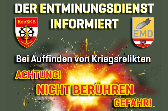 Grafik: Der Entminungsdienst informiert: Berühren Sie auf keinen Fall Kriegsrelikte und verständigen Sie sofort die Polizei.