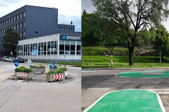 Vergleich des jetzigen Kreisverkehrs und einem Beispielbild aus Klagenfurt