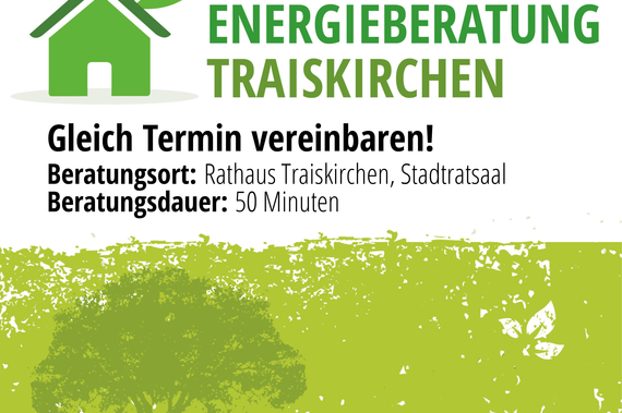 Grafik: Energieberatung Traiskirchen. Gleich Termin Vereinbaren, Beratungsort: Rathaus Traiskirchen, Stadtratsaal, Beratungsdauer: 50 Minuten