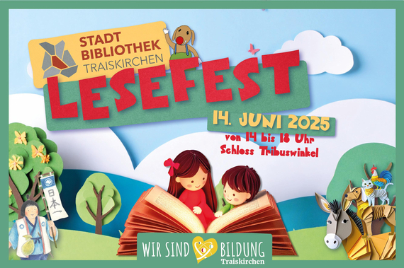 Grafik: Lesefest der Statbibliothek Traiskirchen am 14. Juni 2025 von 14 bis 18 Uhr im Schloss Tribuswinkel
