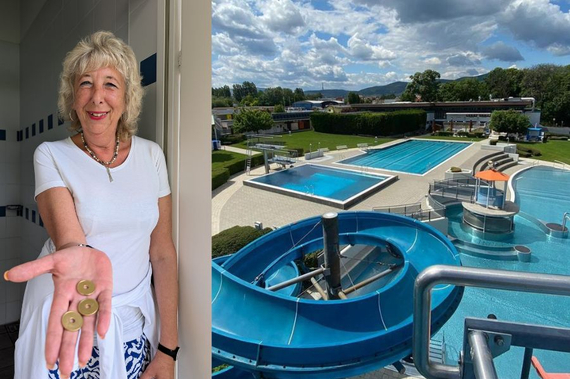 Leiterin Petra Bauer hält besagte Dusch Chips in der Hand, daneben ein Bild mit Überblick übers "aqua splash" von oben.