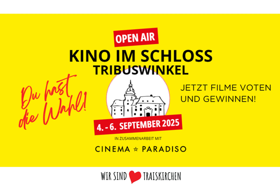 Grafik: Kino im Schloss von 4.-6. September 2025 im Schloss tribuswinkel. Jetzt Filme voten und gewinnen.